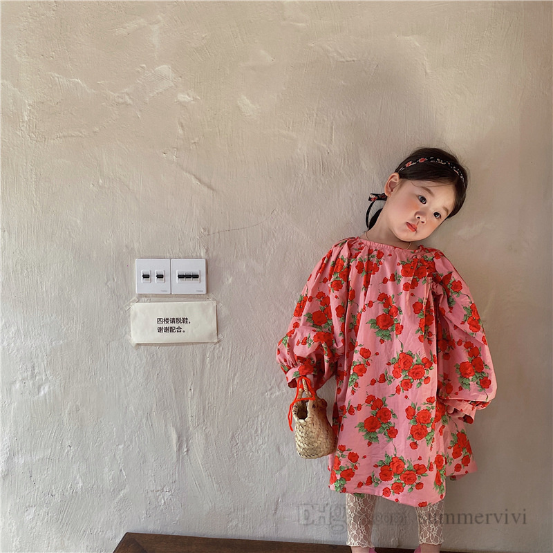 

Autumn Girls floral printed dress kids round collar puff sleeve dresses fresh style children clothing Q0779, Rose red