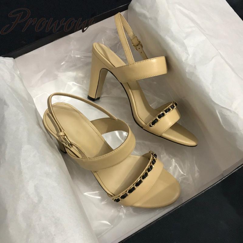 

Prowow Genuine Leather Metal Chain Sandals Thin HIgh Heels Shoes Women Zapatos Mujer, As pic1