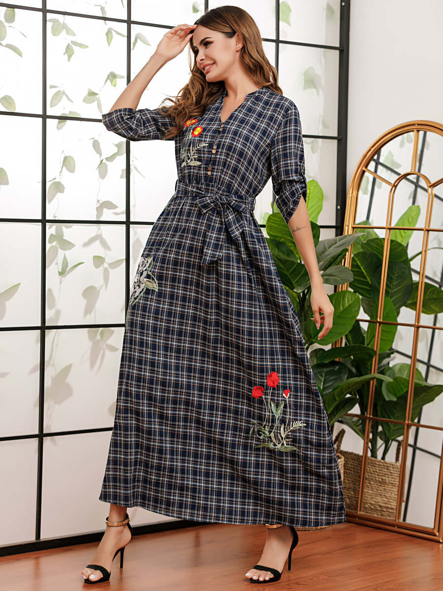 

Ramadan Eid Abaya Muslim Dress Dubai Turkey Robe Longue Djellaba Plaid Abayas Arabic Dresses Women Islam Summer Moroccan Kaftan