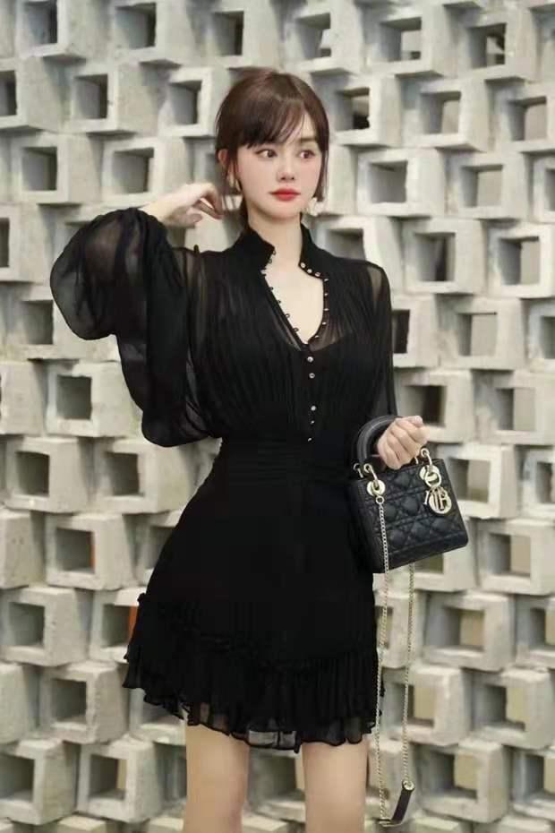 

Casual Dresses Shona Joy Pleated Bubble Black/blue Two-color Age-reducing Long-sleeved Button Short Dress