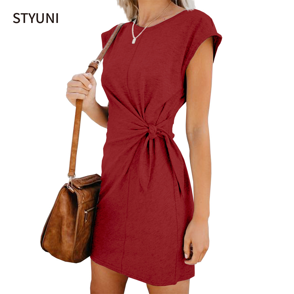 

STYUNI round neck loose short-sleeved strap dress urban casual solid color dress comfortable slim summer womens dress, Black