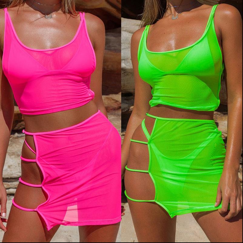 

womens tracksuits summer women fashion skirt set solid neon green high waist tank step hollow out female beach wear, Gray