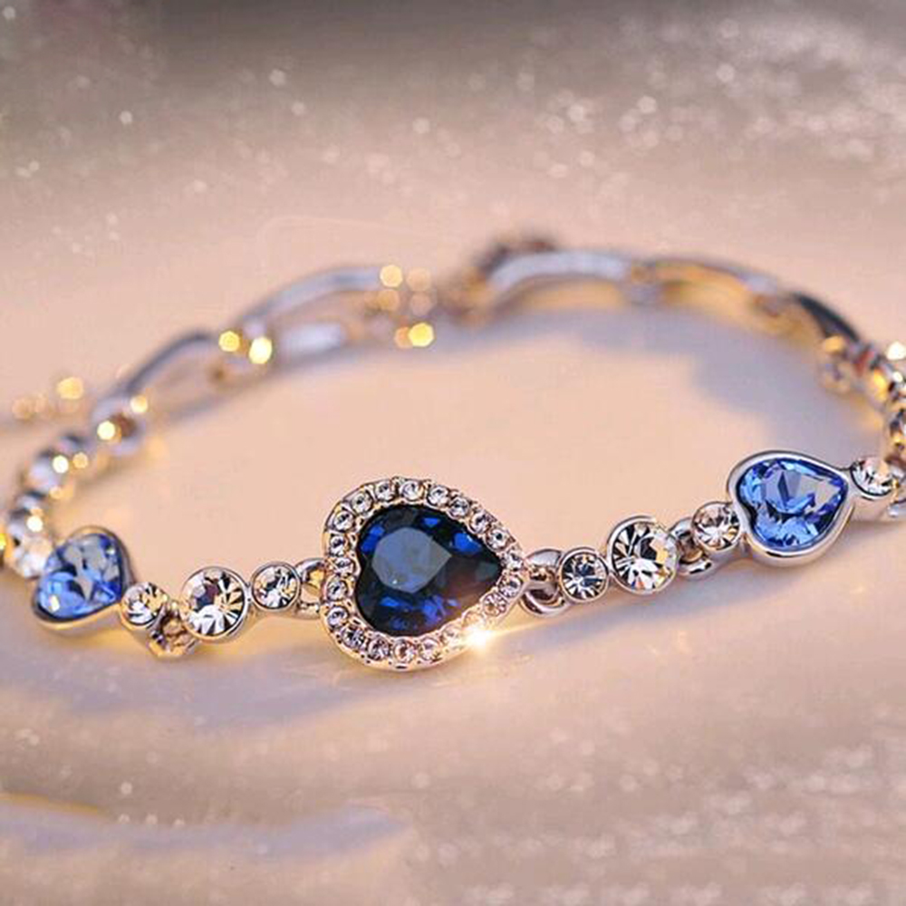 

Hottest Womens Ladies Crystal Rhinestone Bangle Ocean Blue Bracelet Chain Heart Jewelry Party Gifts