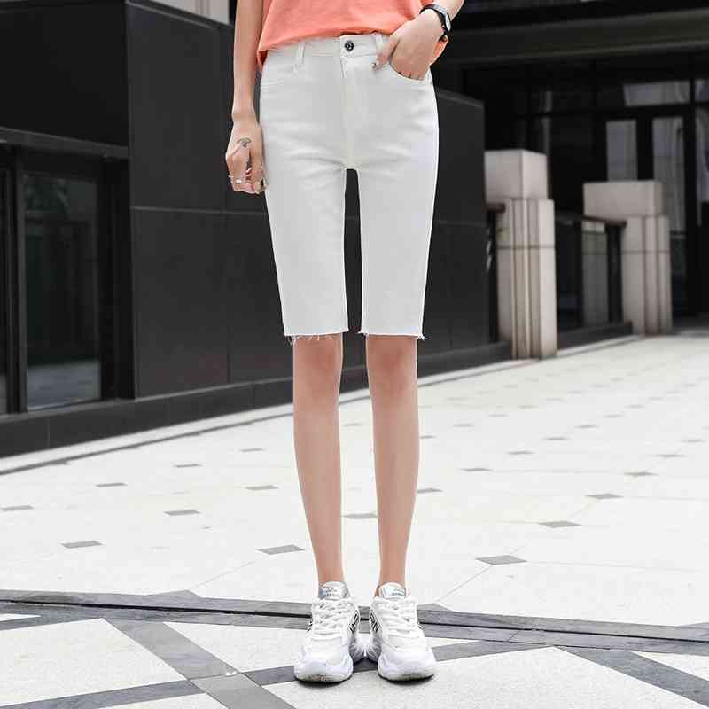 

Summer Women's White Denim Shorts Plus Size High Waist Bodycon Jean Knee Length Elastic Slim Fit Classic 210603, Blue