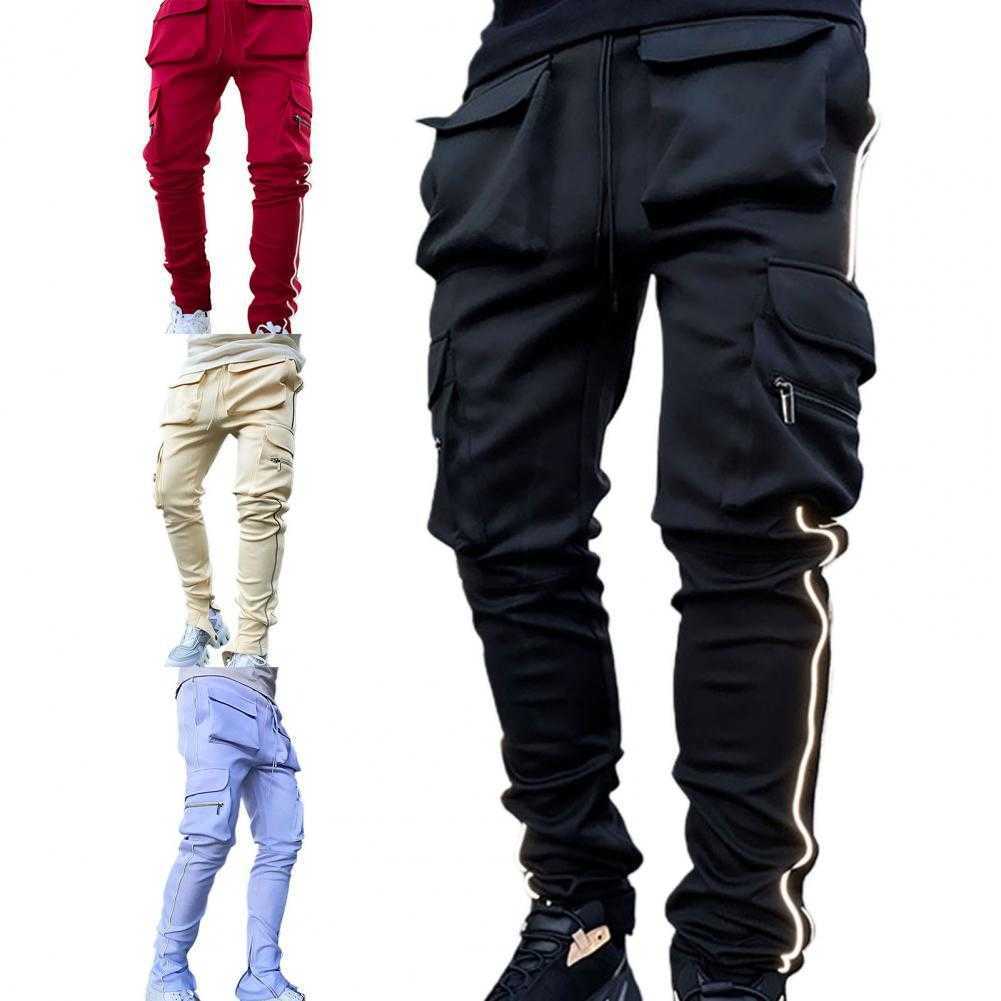 

Cargo Pants Men's Jogging Pants with Reflective Strips Male Skinny Pencil Pants with Multiple Pockets Stacked Sweatpants Men X0611, Black