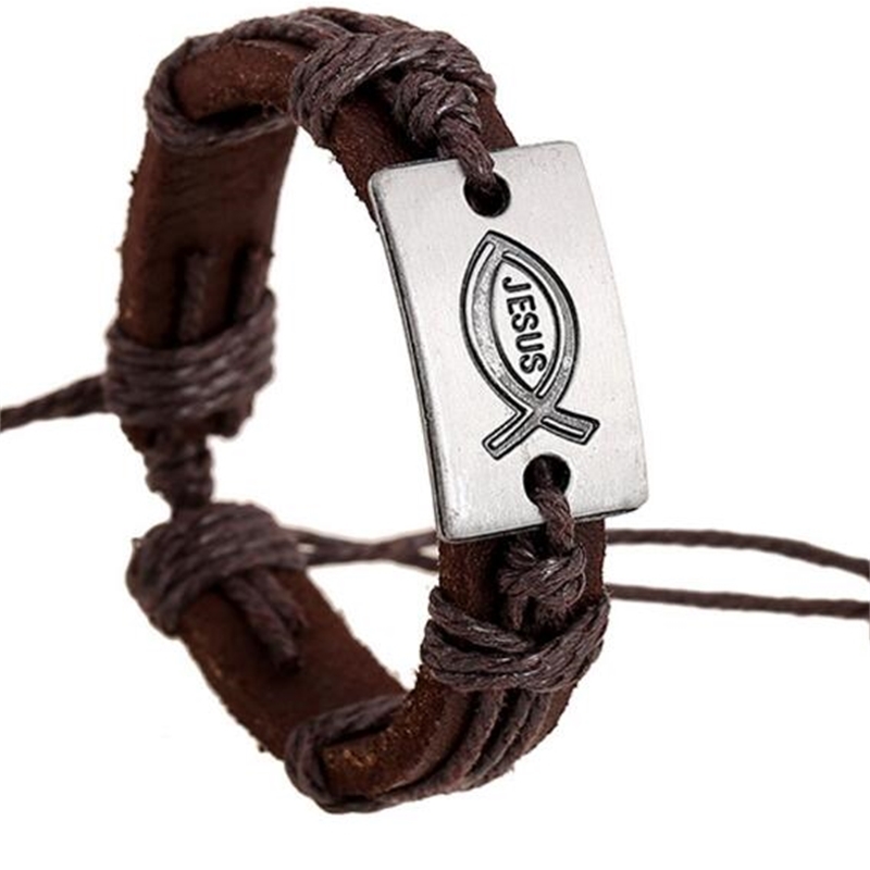 

charm bracelets fish s love jesus bracelet braided handmade leather men alloy size fashion jewelry christmas gift j56n tnmt, Golden;silver