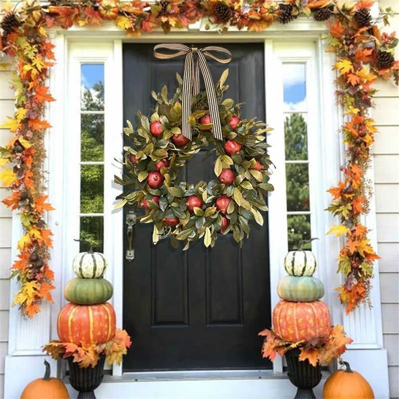 

Fall wreath Pomegranate Wreath Front Door Hanging Ornament Realistic Garland Thanksgiving Party Festival Decor Y0901