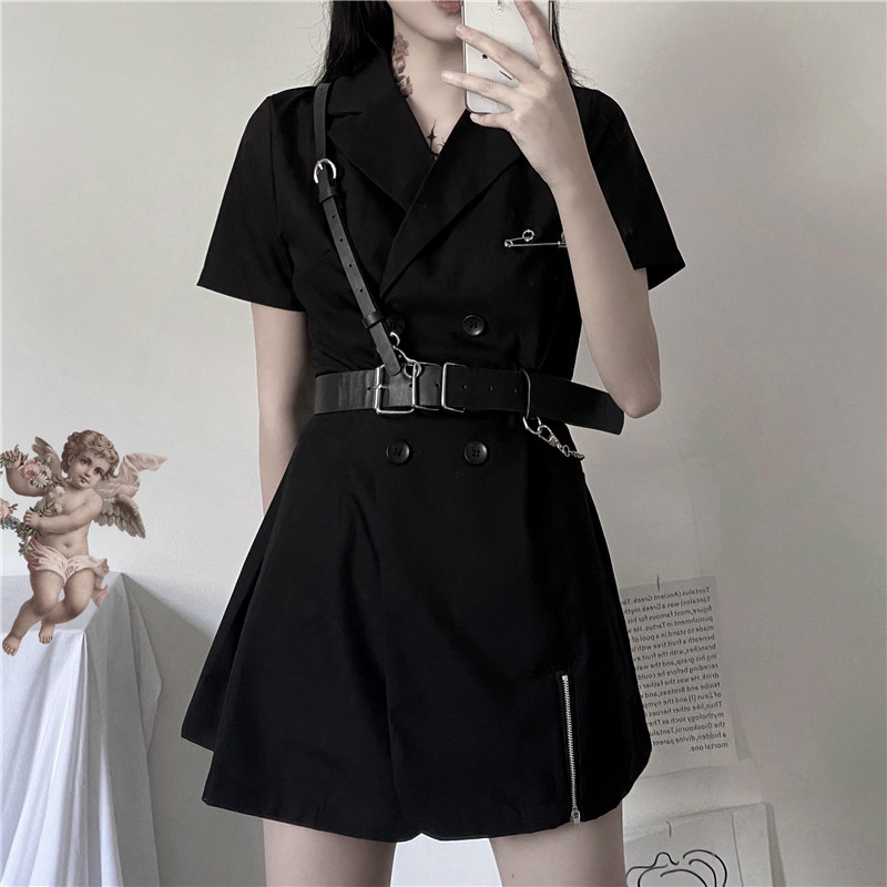 

2021black gothic dress korean harajuku vintage mini suit summer dresses for women 2021 elegant office clothes cosplay, Black;gray