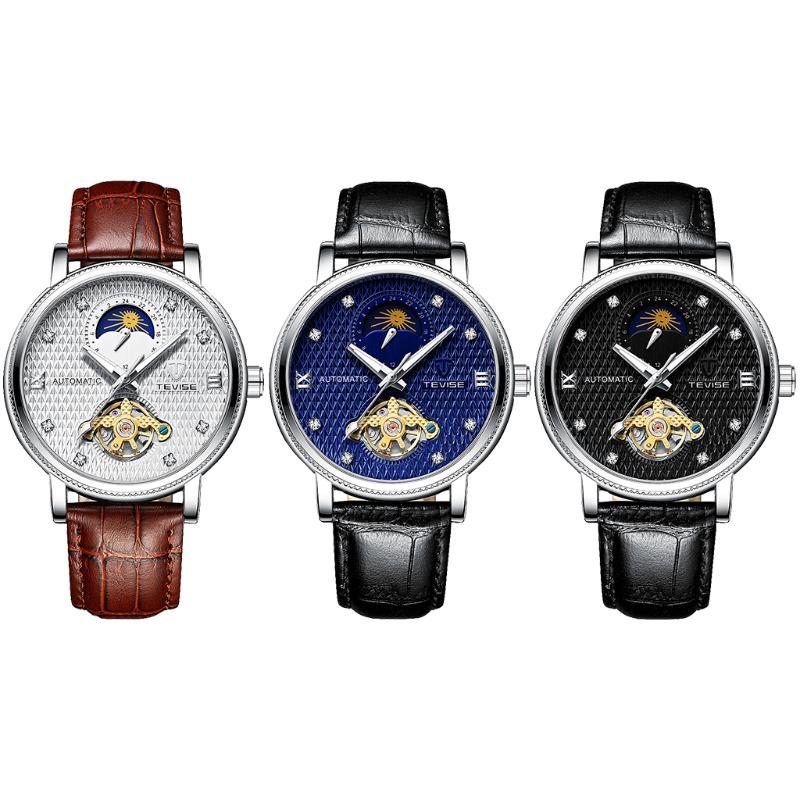 

Wristwatches Mens Automatic Mechanical Watch Silver Tone Case Vintage Leather Dress, Brown