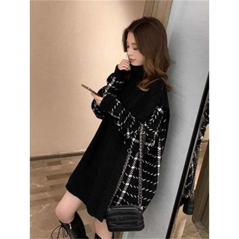 

Fashion women sweater autumn and winter high neck stitching fake two-piece loose lazy style 210520, Gray