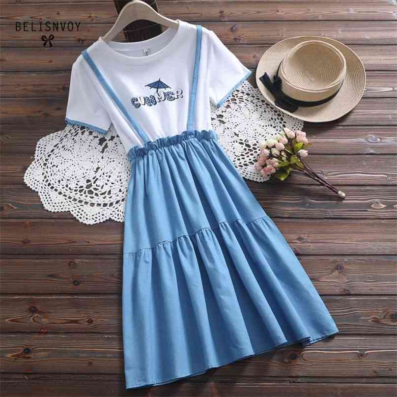 

Japanese Preppy Style Blue Summer Dress Women Short Sleeve Printed False Two Piece Cotton Dresses -XXL Mori Girl Clothing 210520