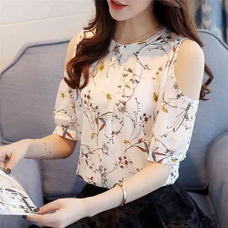 

Chiffon Print Blusas Floral Shirt For Womens Elegant Open Shoulder Blouses Women Ete Plus Size Female Tops 210518, White