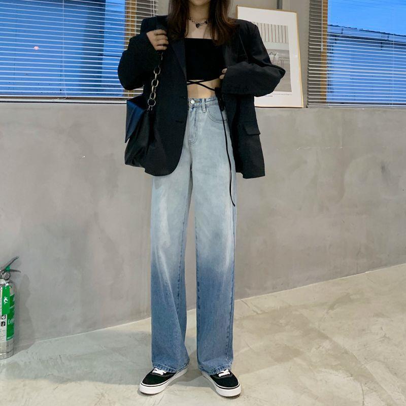 

women's jeans gradient color jeans women's new high-waist loose straight-leg pants all-match hyuna drape mopping ucf2, Blue