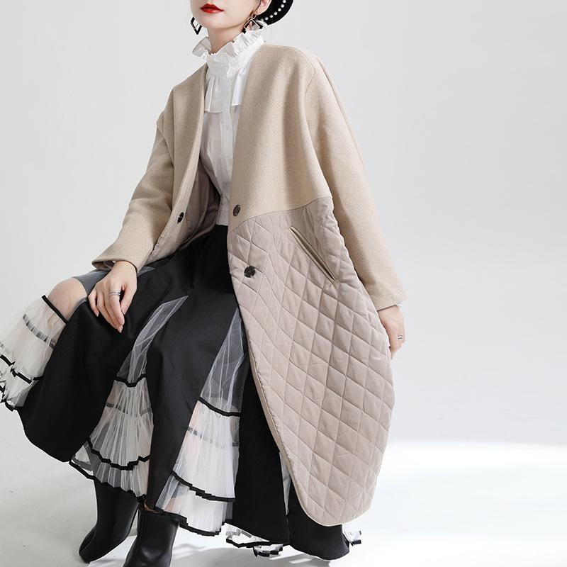 

Women's Trench Coats 2021 Winter Niche Design Fashionable Simple Stitching Quilted Cotton V-neck Loose Woolen Coat, Tan;black