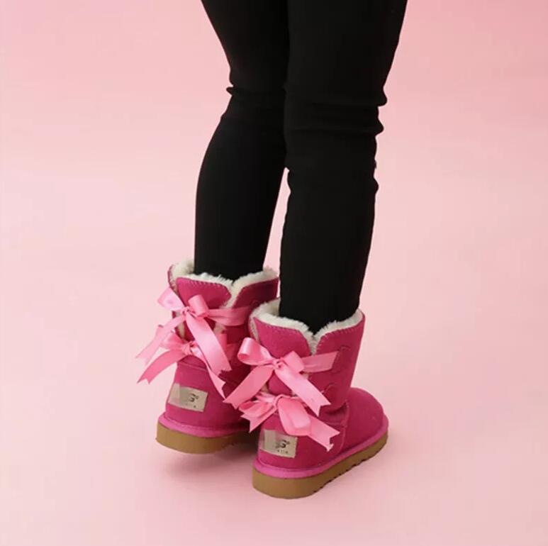 

2022 HOT Kids Snow Boots Winter designer shoes Genuine Leather 2 Bows Boots for Children Toddler women Designer Brand Shoes EU21-35, Cherry