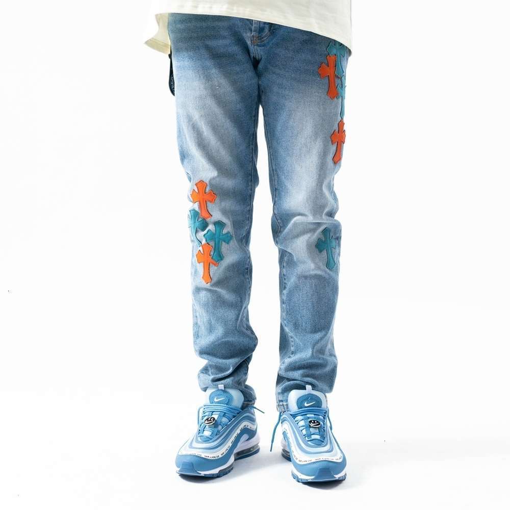 

Luxury Chrome-Hearts Crosin Light Ch Cross Patch Jeans for Young Men's Slim Casual Zipper Leggings, Black