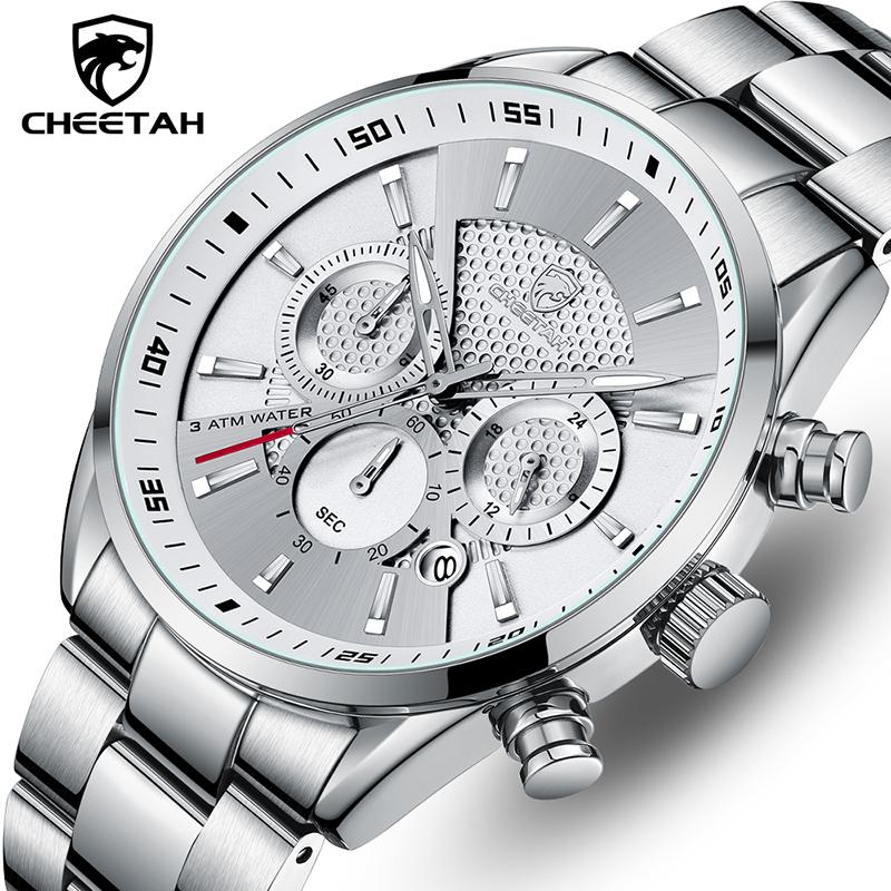 

Wristwatches Mens Watches CHEETAH Top Fashion Stainless Steel Waterproof Quartz Watch Men Sports Chronograph Male, Silver white