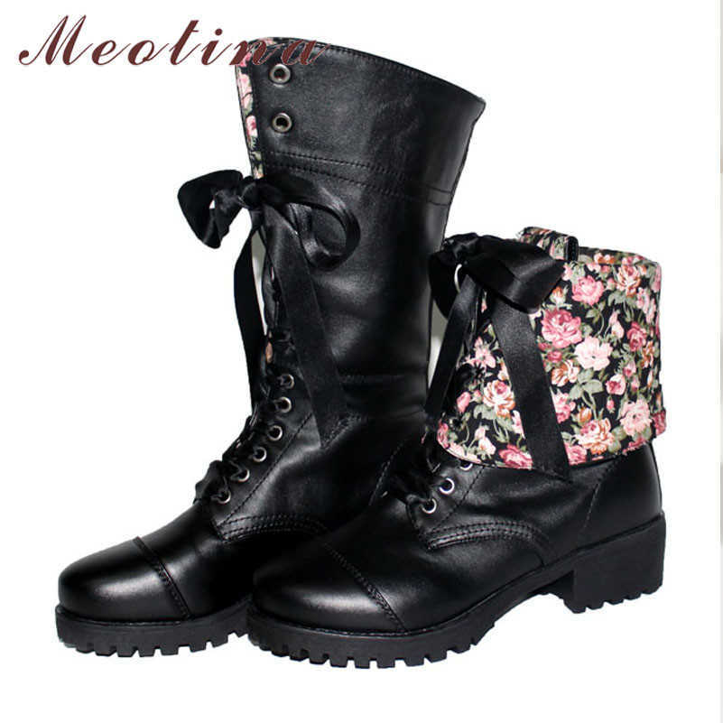 

Meotina Winter Mid Calf Boots Women Boots Flower Lace Up Thick Heels Boots PU Leather Round Toe Shoes Lady Autumn Big Size 33-43 210608, Black