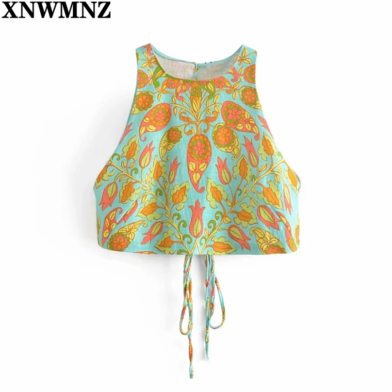 

Women Totem Leaves Print Sexy Back Split Chic Camis Tank Lady Retro Summer Lace Up Short Vest Slim Crop Tops woman 210520, Orange