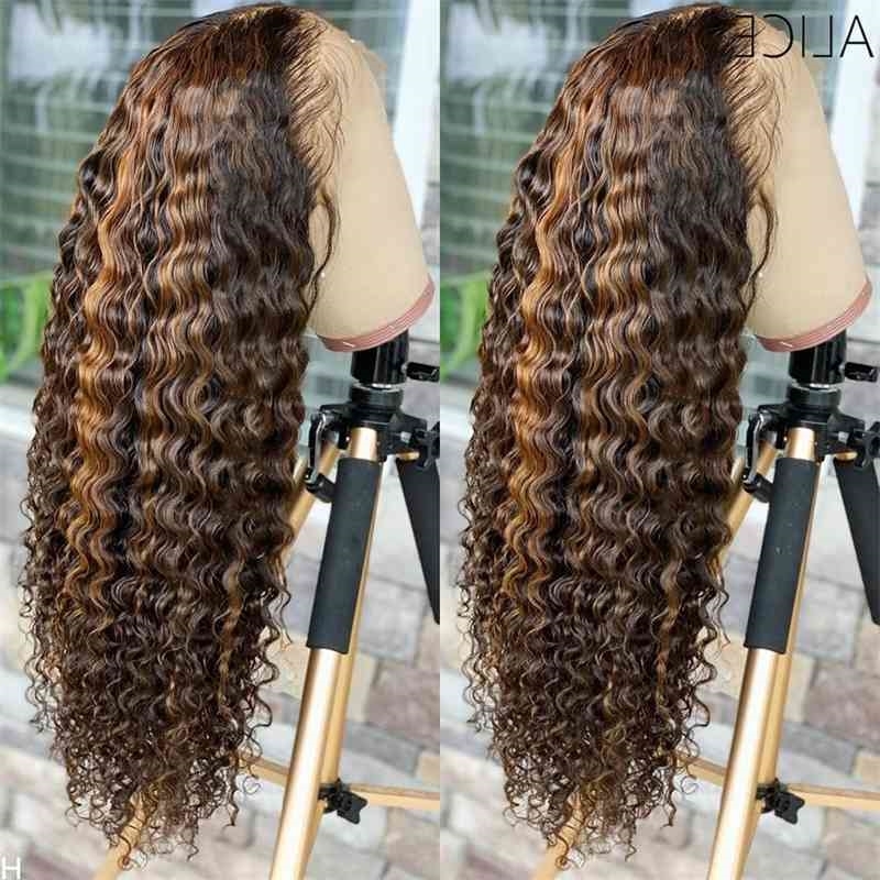 

Lace ALICE Highlight Curly Front Human 150% Density Scalp Top Closure Wigs With Baby Hair Non-Remy, Highlight t part wig