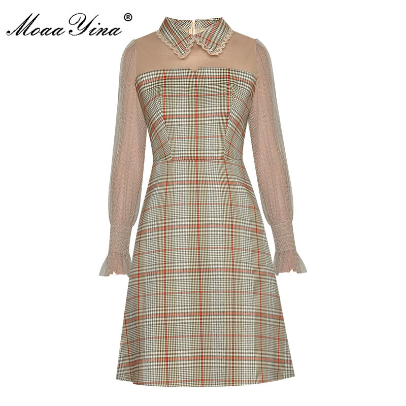 

Fashion Designer dress Spring Women's Dress Long sleeve Plaid Print Preppy Style Slim Dresses 210524, Champagne