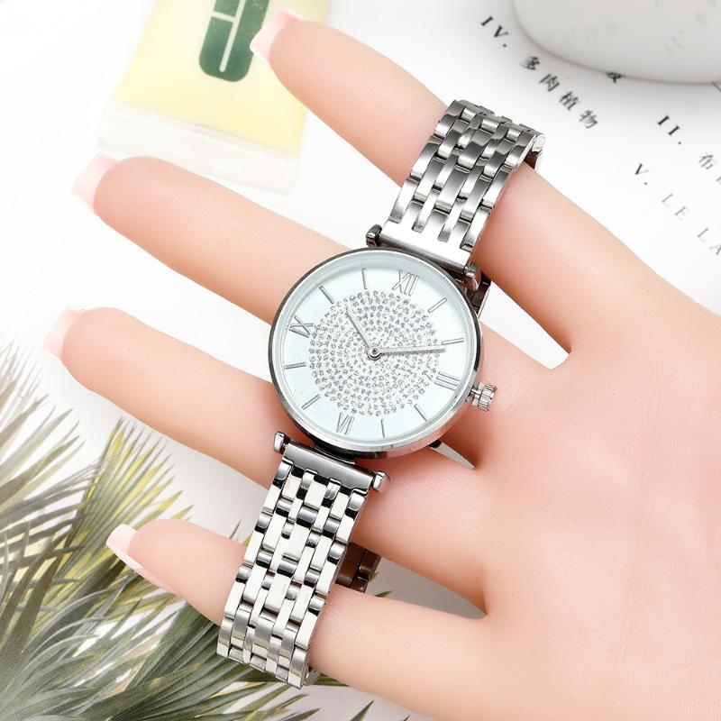

Wristwatches 2022 Fashion Casual Style Roman Diamond Watch Alloy Steel Band Female Gypsophila, Silver