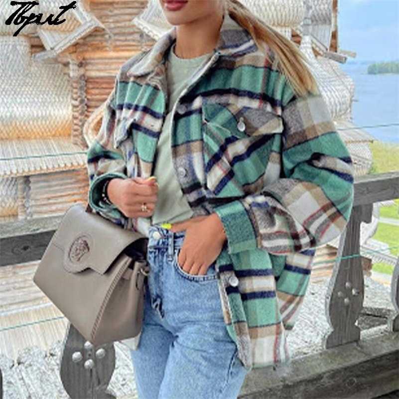 

Women Vintage Plaid Jacket Lapel Single-breasted Pocket Check Woolen Coat Female Fashion Streetwear Oversized Outwear 211018, Pink