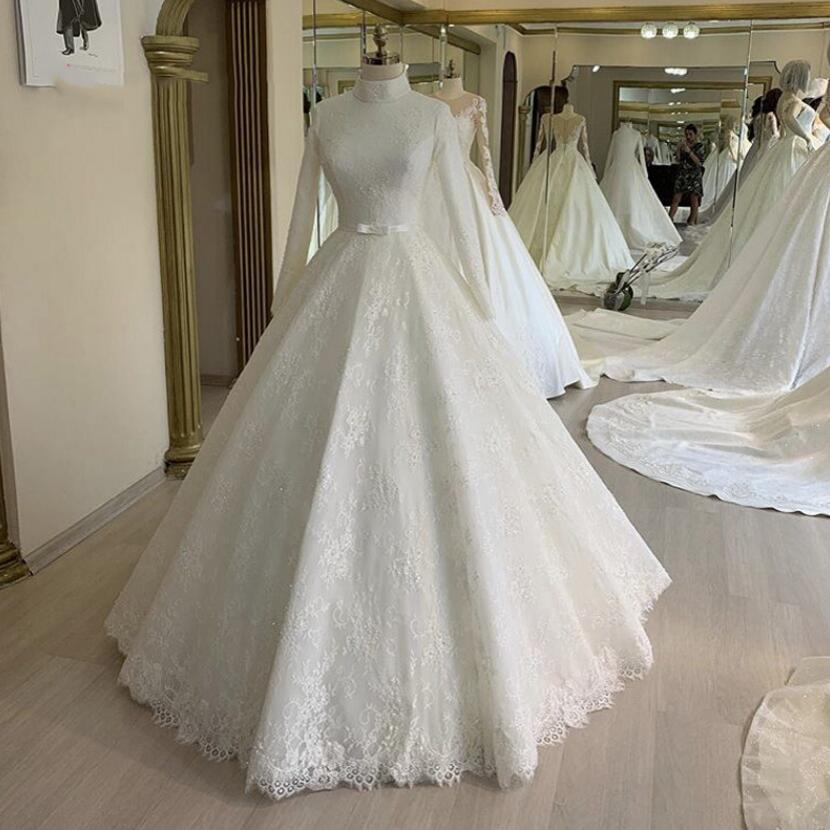

Full Lace Muslim Wedding Dress Modest High Collar Long Sleeves 2021 Ivory Islamic Bridal Gowns Beading Bodice Lady Marriage Dresses Vestido De Novia