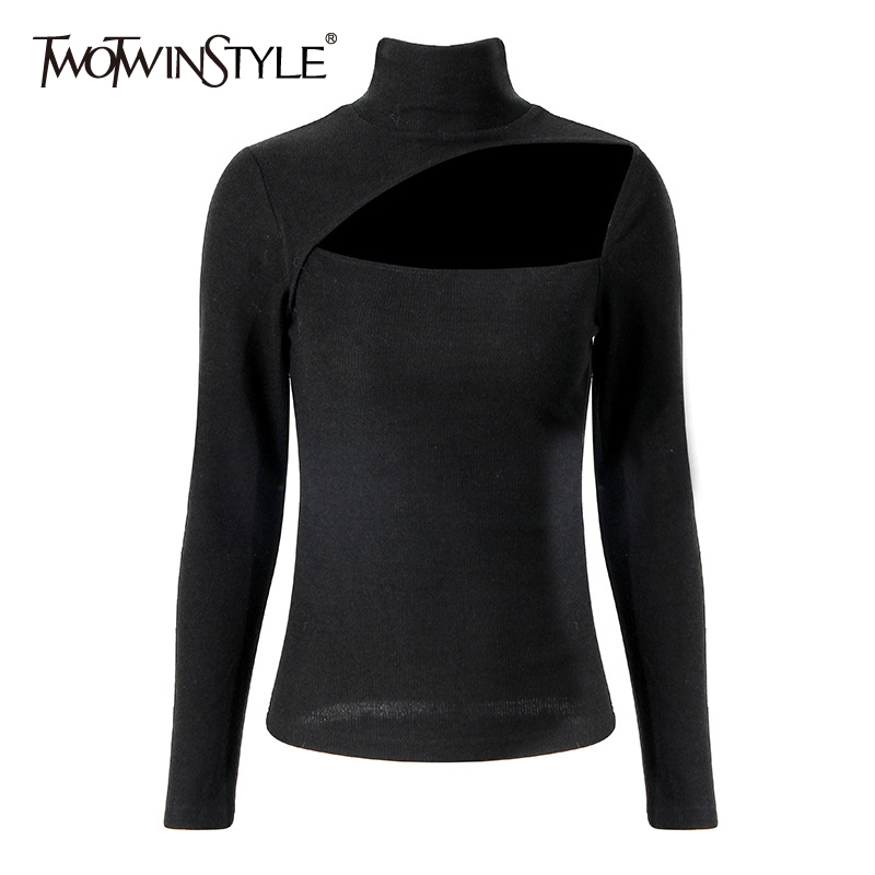 

Sexy Hollow Out Knitted Tops For Women Turtleneck Long Sleeve Solid Slim Sweater Female Autumn Fashion 210524, Black