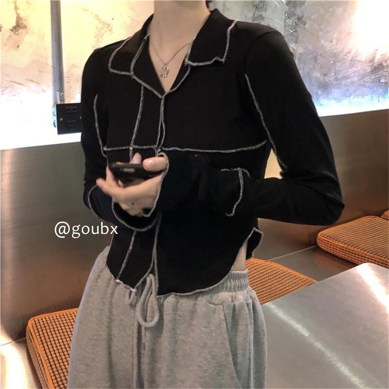 

Women's T-Shirt Special Design Sense Collar Knitted Black For Women 2021 Autumn Thin Light European And American Long-Sleeved, Picture color