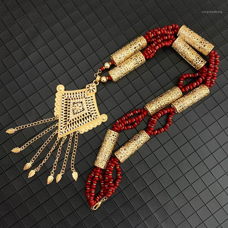 

Chains Gold Crystal Beaded Necklace With Leaf Pendant For A Woman's Moroccan Wedding Jewelry Arabic Handmade Natural Stone Choker