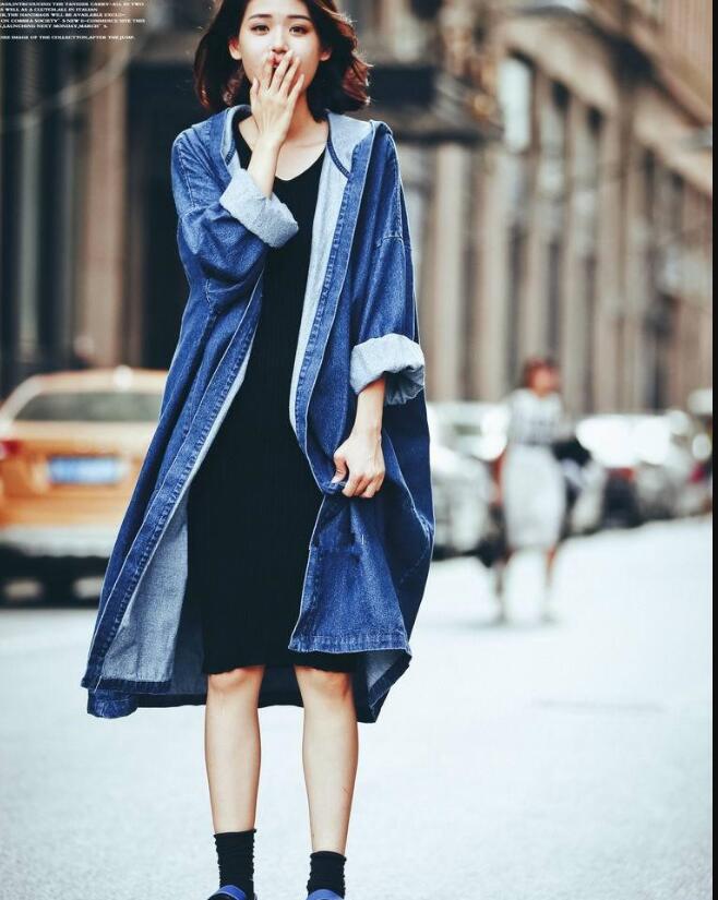

Wholesale- European and American style women loose super long coat jacket fashion hooded denim long open coat jacket DFF1433, Black