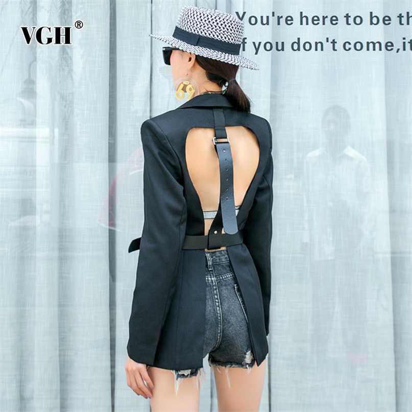 

VGH Backless Short Tops For Women Notched Long Sleeve Hollow Out Streetwear Blazer Female Clothing Fall Fashion 211019, Black
