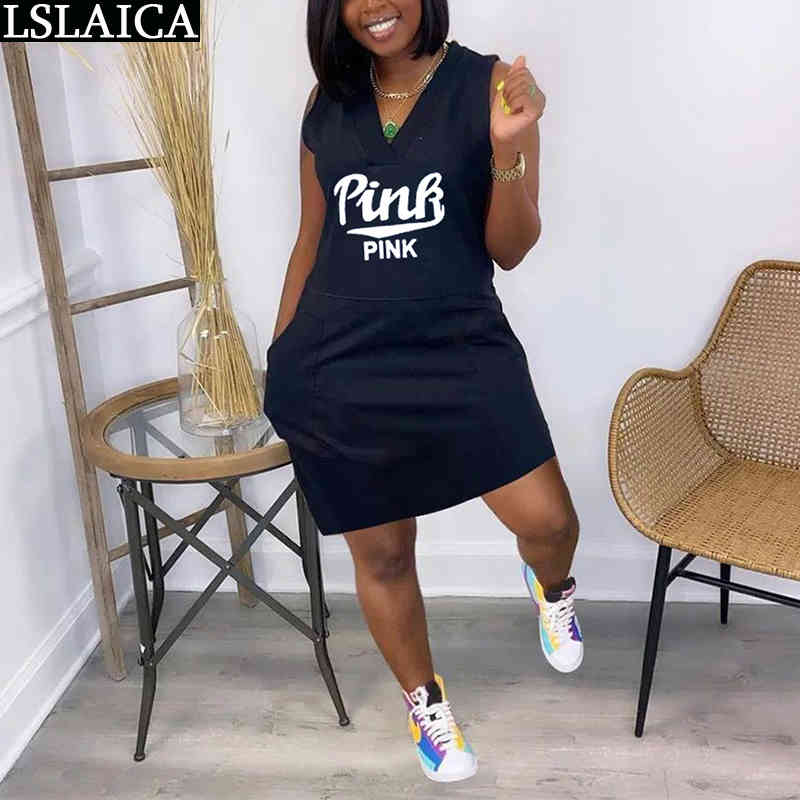 

Women's Summer Dresses V Neck Letter Print Fashion Casual Mini Dress Loose Streetwear Sweatshirt Women Dreeses Knitted 210520, Black