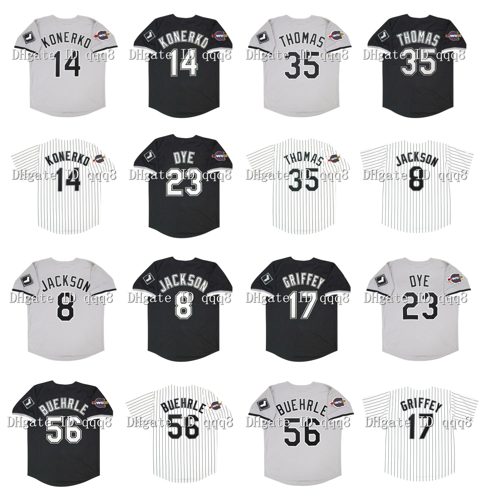 

Vintage 2005 Chicago Baseball Jersey 14 Paul Konerko 35 Frank Thomas 56 Mark Buehrle 8 Bo Jackson 17 Ken Griffey Jr. 23 Jermaine Dye White Grey Black Jersey, As pic