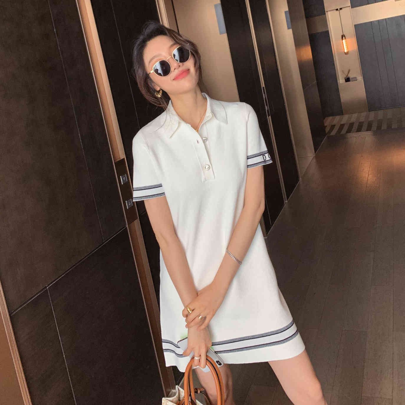 

family' new summer product polo collar contrast striped short sleeve dress looks and thin knitted straight skirt for women, White