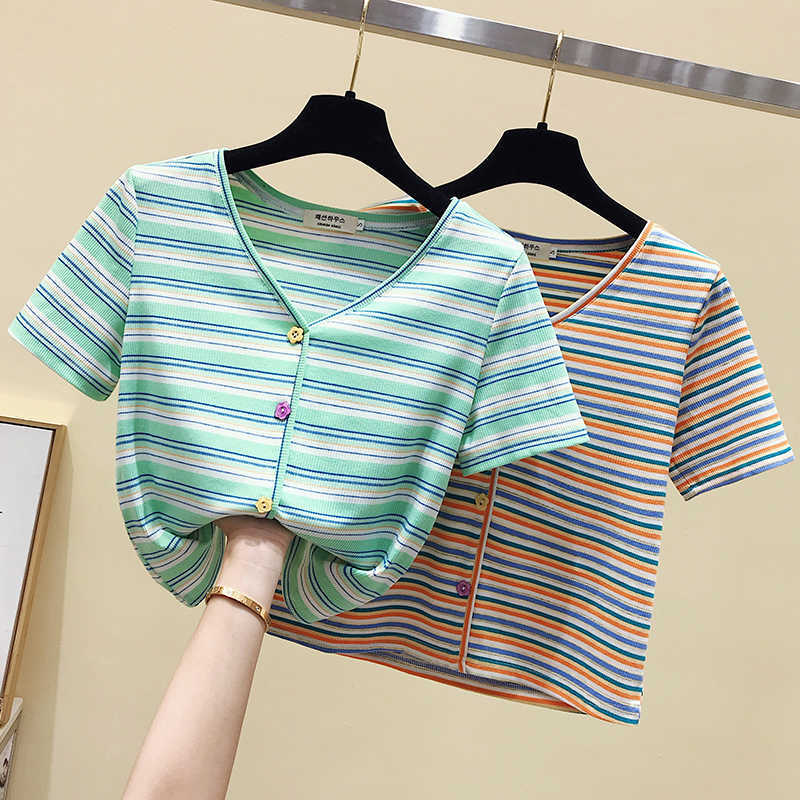 

Cotton T Shirt Women Short Sleeve V-Neck Summer Tops Fashion T-Shirt Woman Clothes Sexy Tshirt Tee Shirt Femme 210604, Green stripe