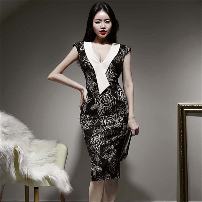 

Sexy V-Neck Sleeveless Bodycon Sheath Dress Korean Office OL Print Slim Formal Party 210519, Photo color