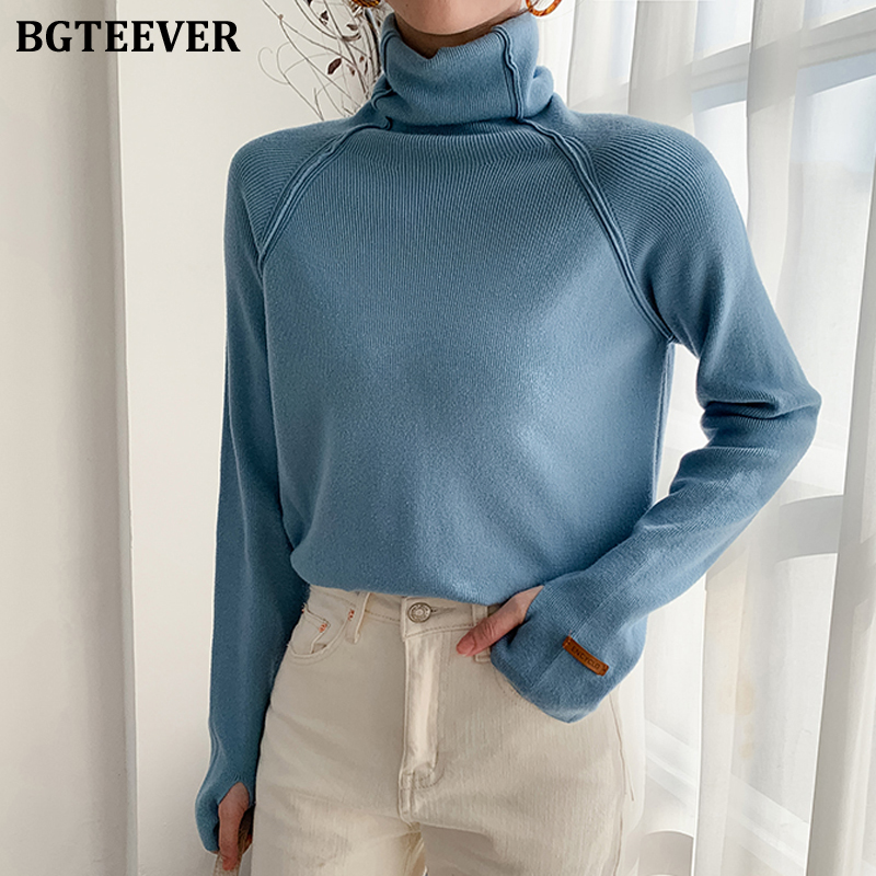 

BGTEEVER Casual Turtleneck Women Knitted Pullovers 2021 Winter Full Sleeve Solid Female Knit Tops Ladies Basic Stretched Sweater, Black