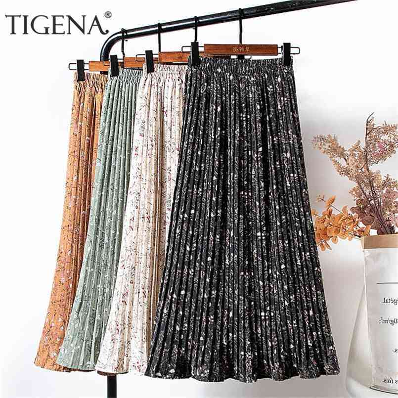 

TIGENA Floral Print Long Pleated Chiffon Skirt Women Fashion Spring Summer Korean Casual High Waist Female with Lined 210702, Khaki