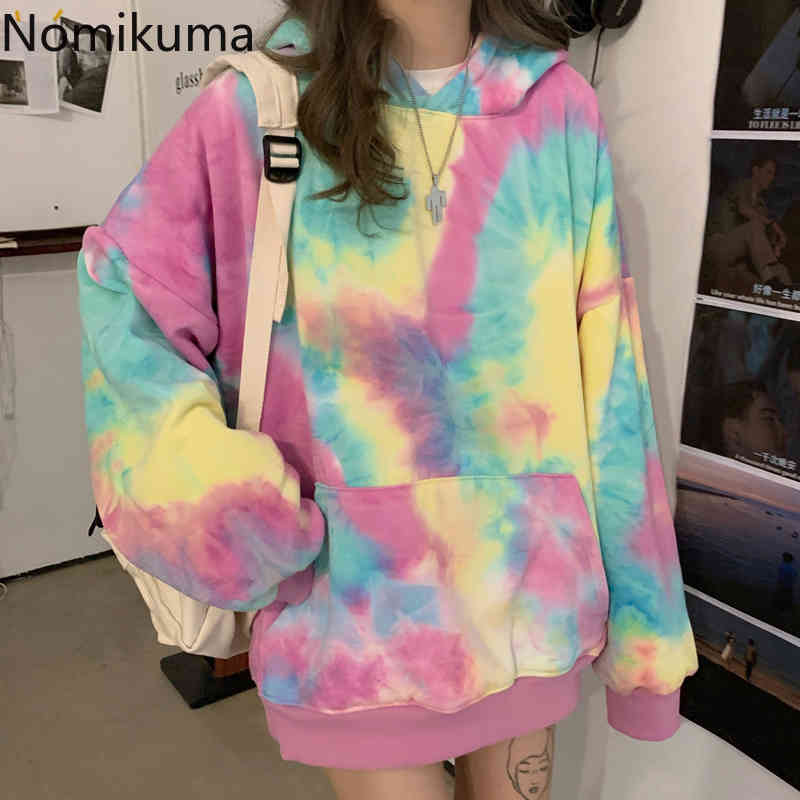 Nomikuma Tie Dye Oversize Women Hooded Sweatshirt Korean Causal Pocket Pullover Hoody Autumn New Long Sleeve Hoodies 6C198 210427
