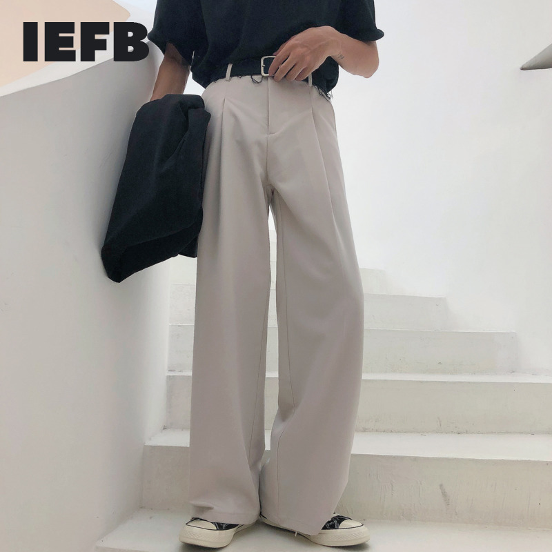 

IEFB Spring Wide-leg Mop Pants For Men Korean Streetwear Fashion Loose Straight High Rise Pants Casual Trousers 9Y3527 210524, Black