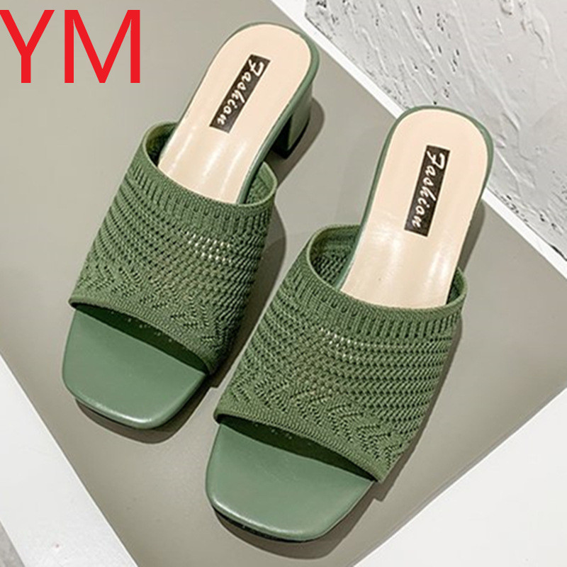 

2020 Summer Sandals Women Shoes Women Mules Slides Peep Toe Square High Heels Sandals Female Shoe Casual Square Heel -39 K78, Beige