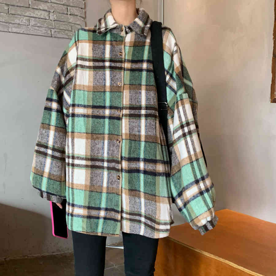 

women's jackets female plaid shirt, harajuku-style long sleeve lapel for women, big size vebg, Black;brown