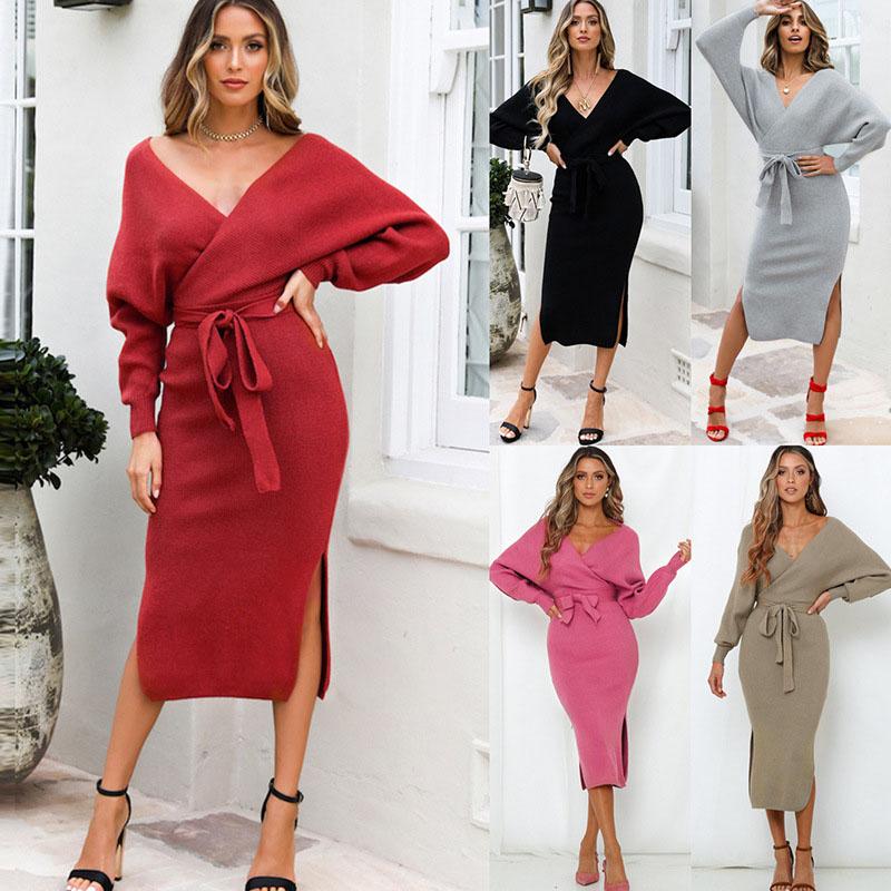 

Casual Dresses Sexy V-neck Strapless Sweater Dress 2021 Autumn Korean Knitted Long Sleeve Slim Waist Bodycorn, Black;gray