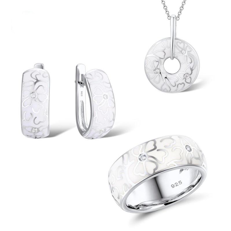 

Earrings & Necklace Jewelry Set For Women Enamel White Flower CZ Ring Pendant Fashion, Silver