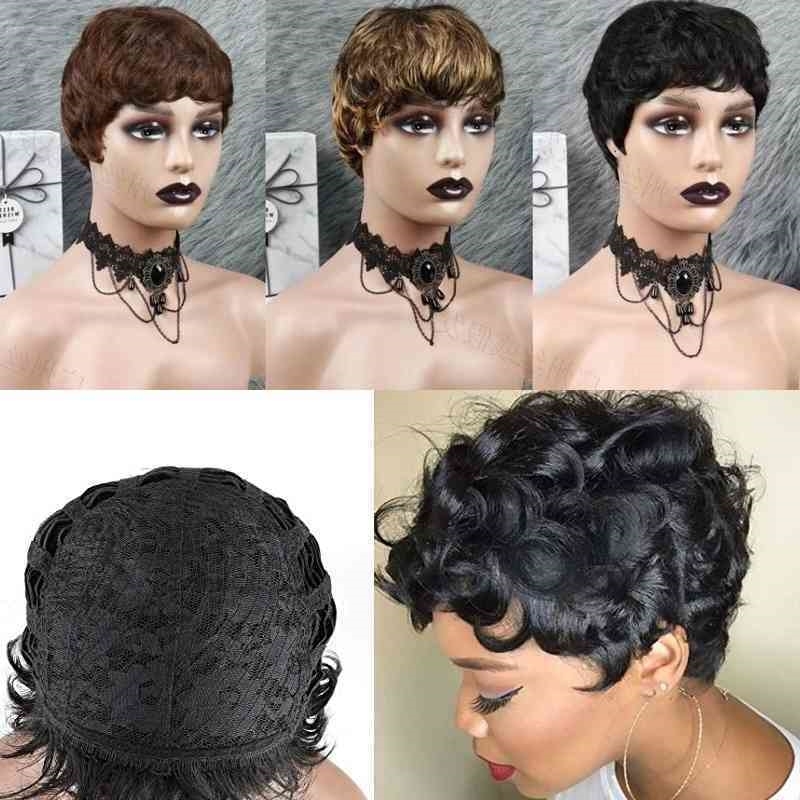 

mechanism Human headgear short pixie cut wig human black curly hair, 1b#