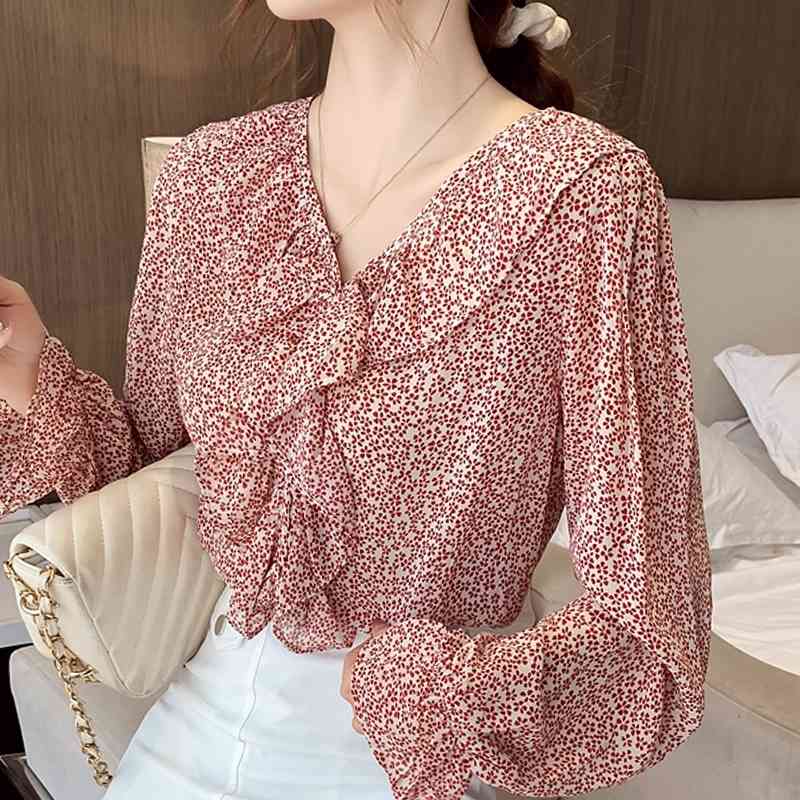 

Autumn Long Sleeve Ruffles V-Neck Chiffon Blouse Shirt Blouse Women Blusas Mujer De Moda Long Sleeve Women Blouses Top D584 210602, Red