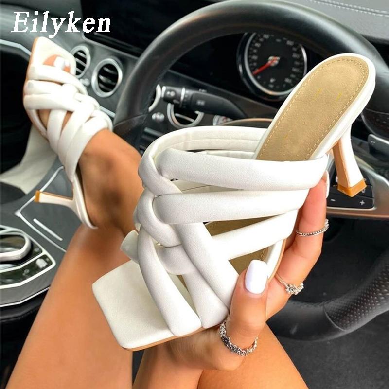 

Sexy Mules Shoes Women Slippers Summer High Heels Square Toe Slides Ladies White Black