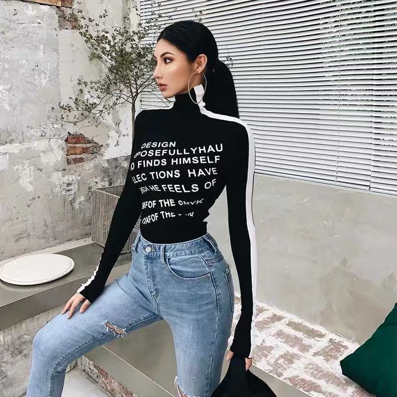 

XIBANI Casual letter print top women's high neck black and white contrast bottoming with long sleeves in autumn winter shirt 210604